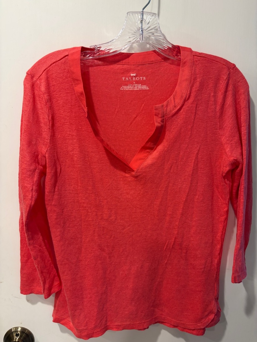 Talbots Coral Notch-Neck 3/4 Sleeve linen Top small